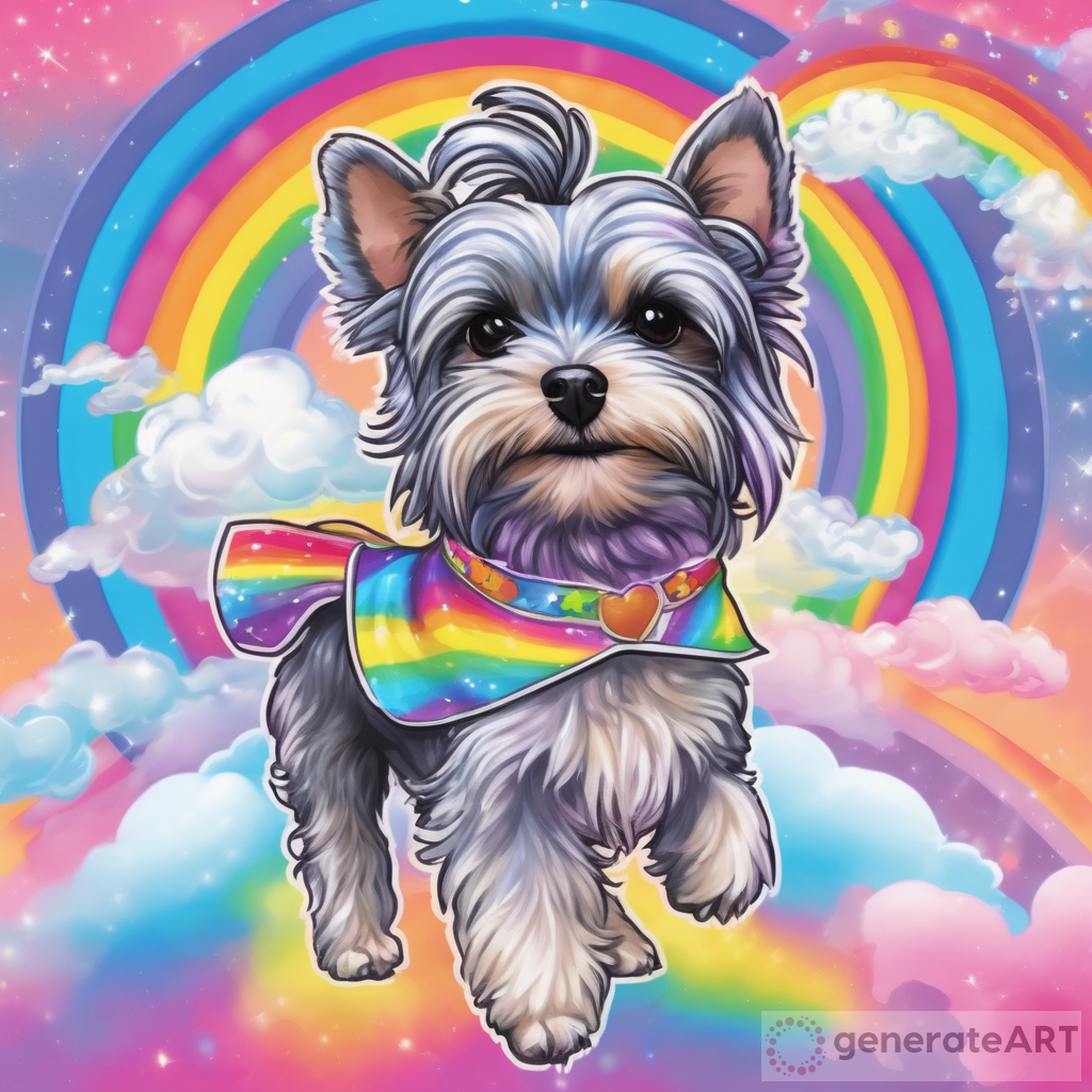 Magical Small Dog Riding a Pegasus Unicorn in Lisa Frank Style
