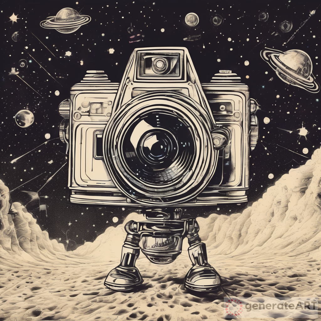 Vintage Camera Flying in a Laser-Filled Futuristic Milky Way
