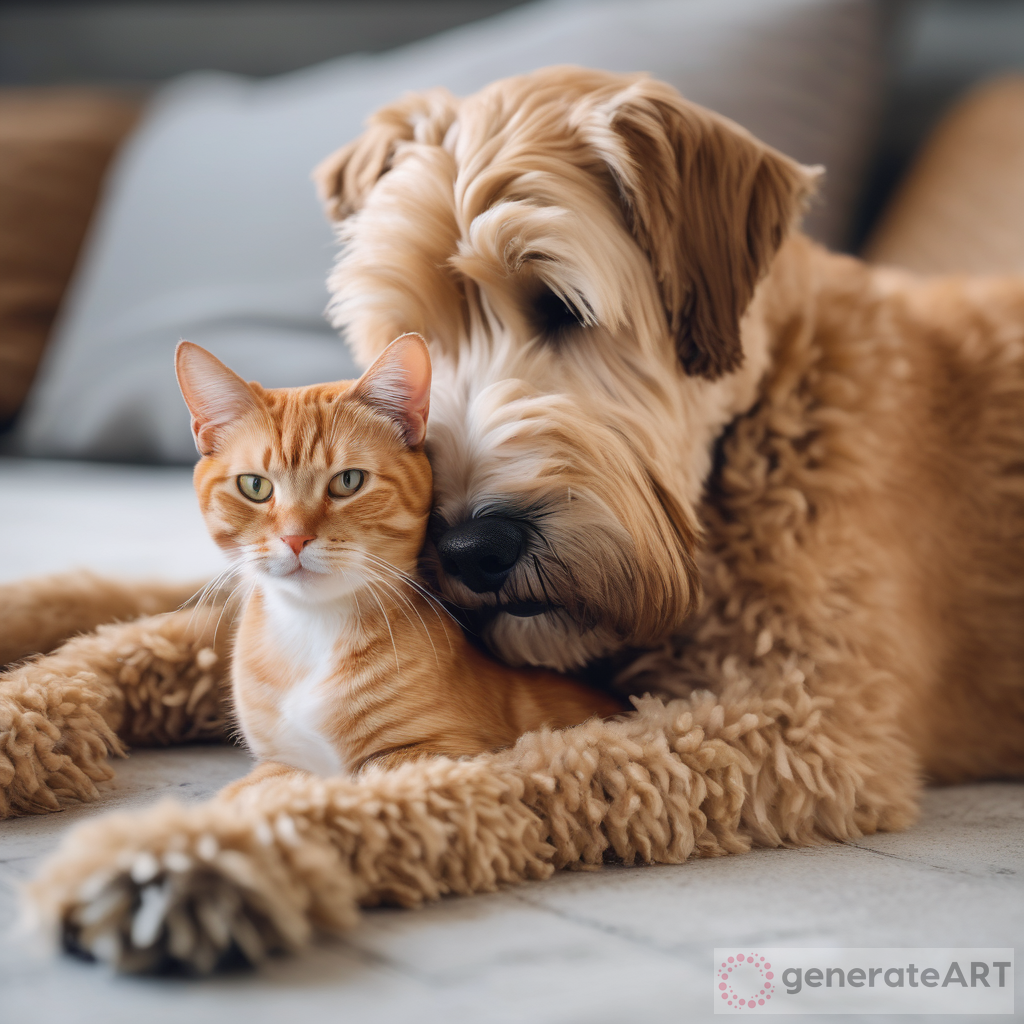 Unlikely Friendship: Orange Tabby Cat and Soft-Coated Wheaten Terrier Dog