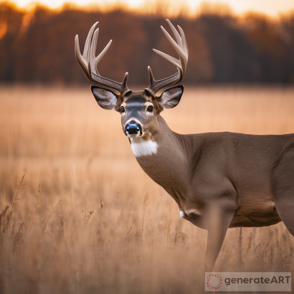 Majestic Sunset Encounter: Large Whitetail Deer in a Blurry Midwest Farm Field