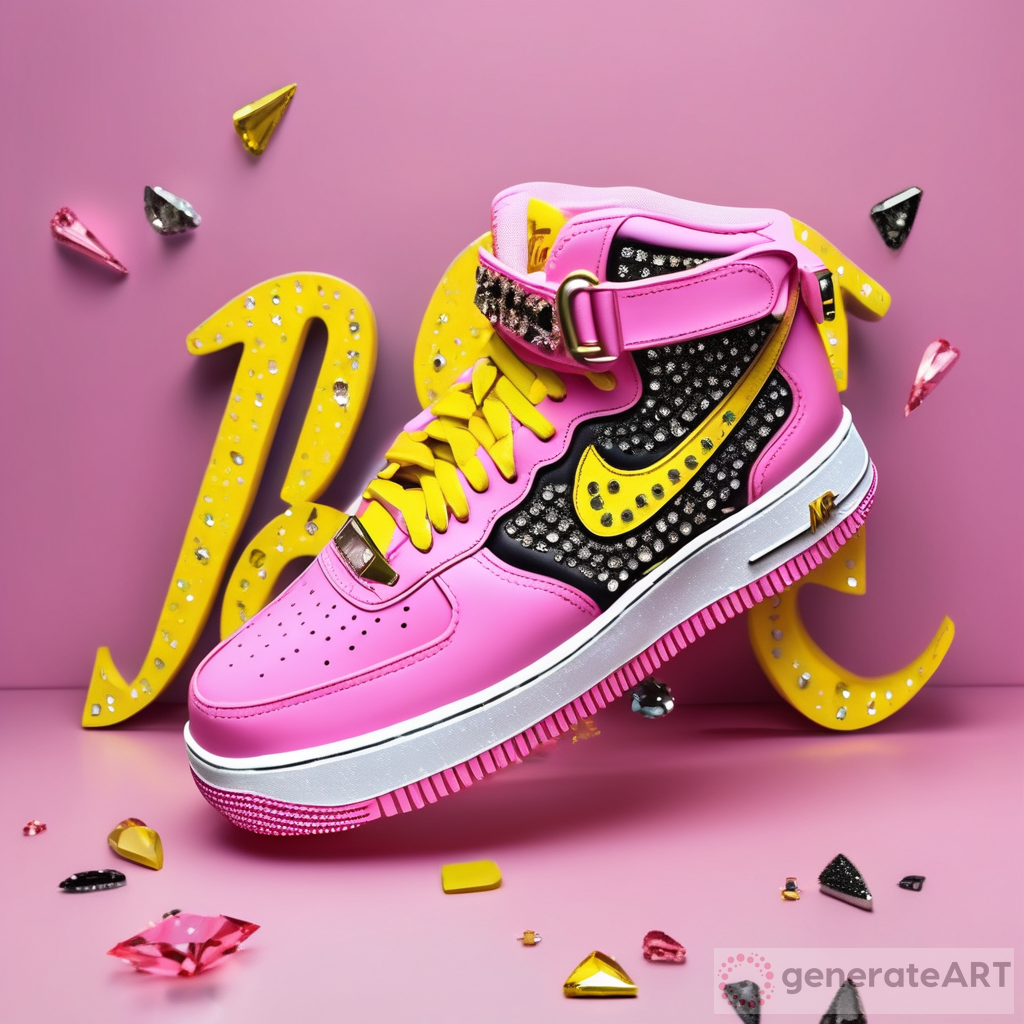 Introducing the New Air Force 1 Sneakers: Pink & Yellow Edition with Bling Diamond Script