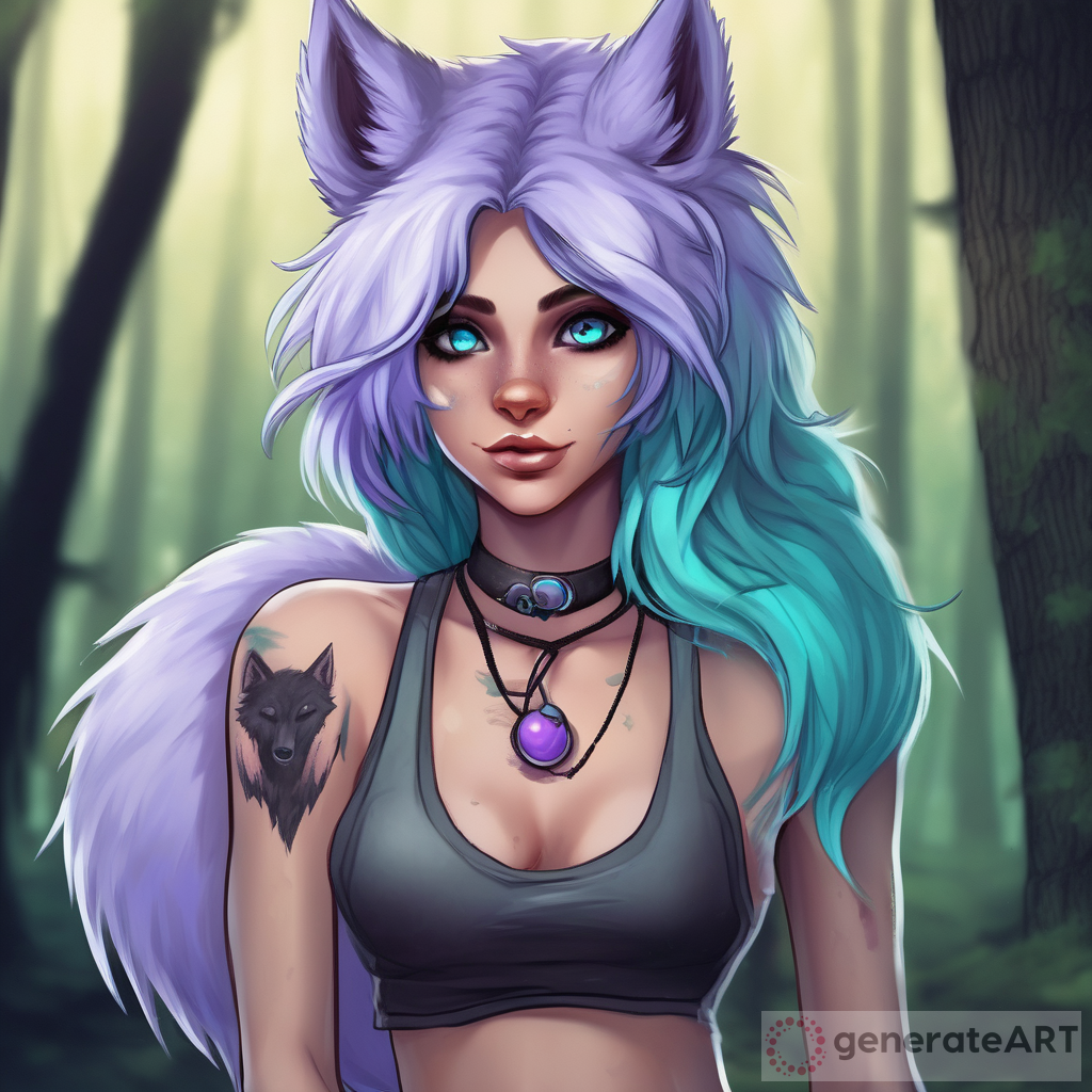 Enchanting Forest: Captivating Wolf Furry Woman with Beautiful Purple Eyes