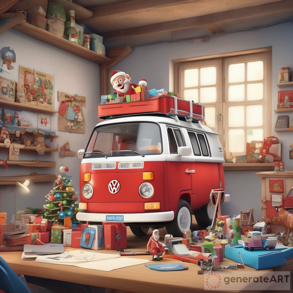 Le Père Noël fabriquant des jouets miniature sur son bureau des Volkswagen Transporter T6 2016 dans son usine style dessin Pixar