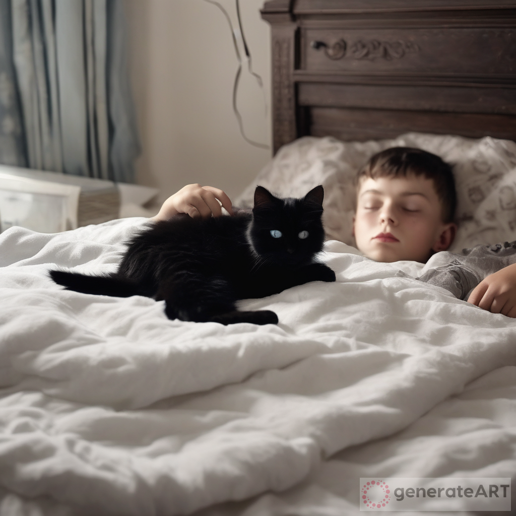 Fluffy Black Cat Guards Ukrainian Boy's Sleep