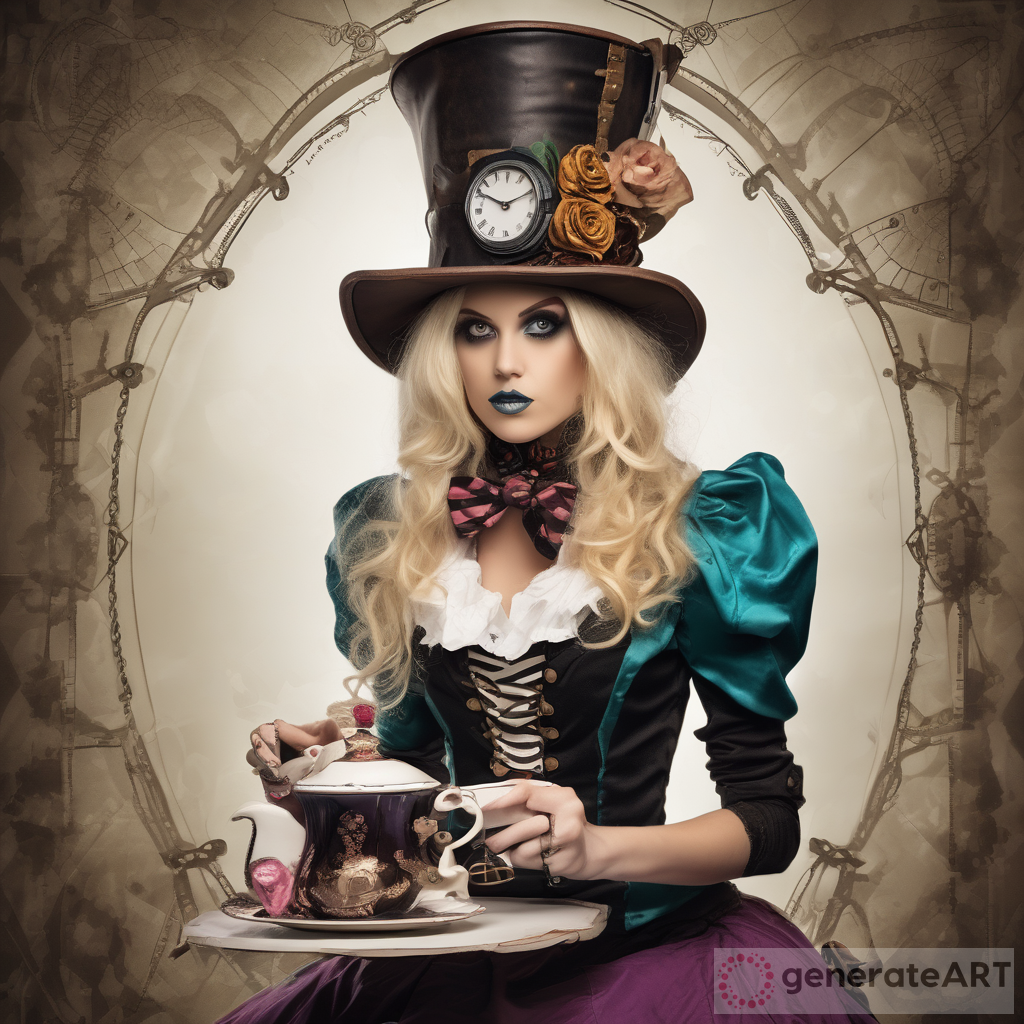 Beautiful Blonde Steampunk Lady as Mad Hatter at Alice's Tea Party