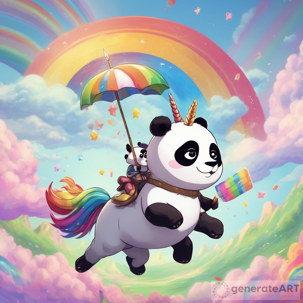 Cinematic Drama: The Enchanting Tale of a Panda Riding a Rainbow Unicorn