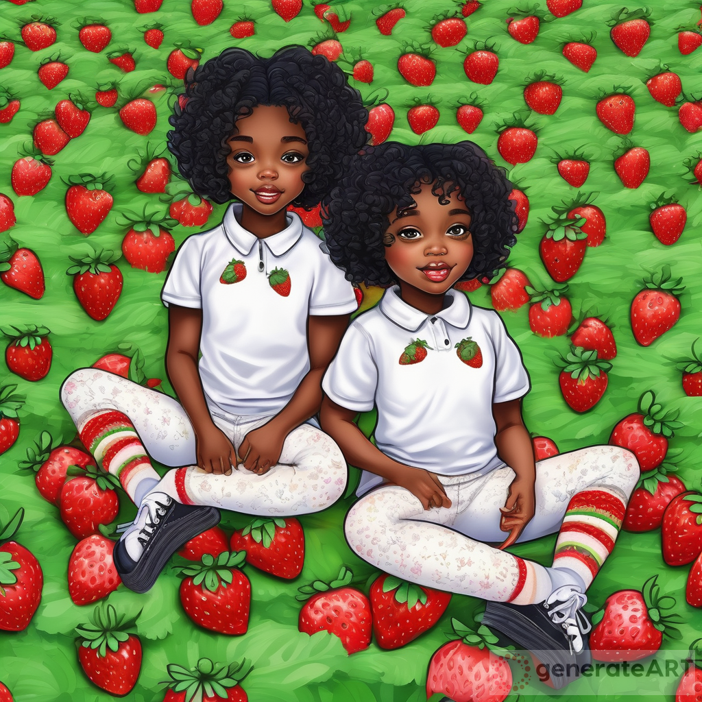 Charming Cartoon Image: African American Twin Girls with Curly Hair, Tutus, and Strawberries