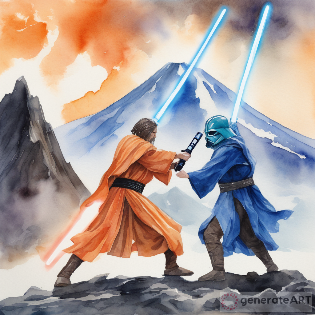 Epic Battle of Jedi: Blue vs Orange Lightsaber on Volcanic Mountains