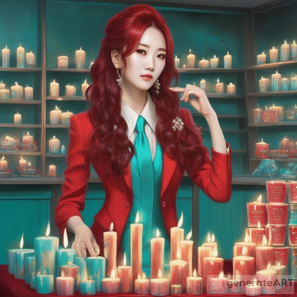 Korean Woman: Candles, Turquoise Business Suit, Platinum Stilettos and Curly Red Hair