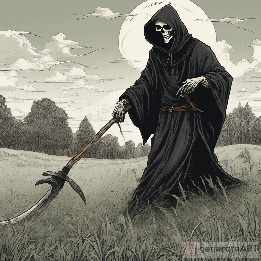 The Grim Reaper's Unusual Pastime: Mowing the Grass with a Scythe