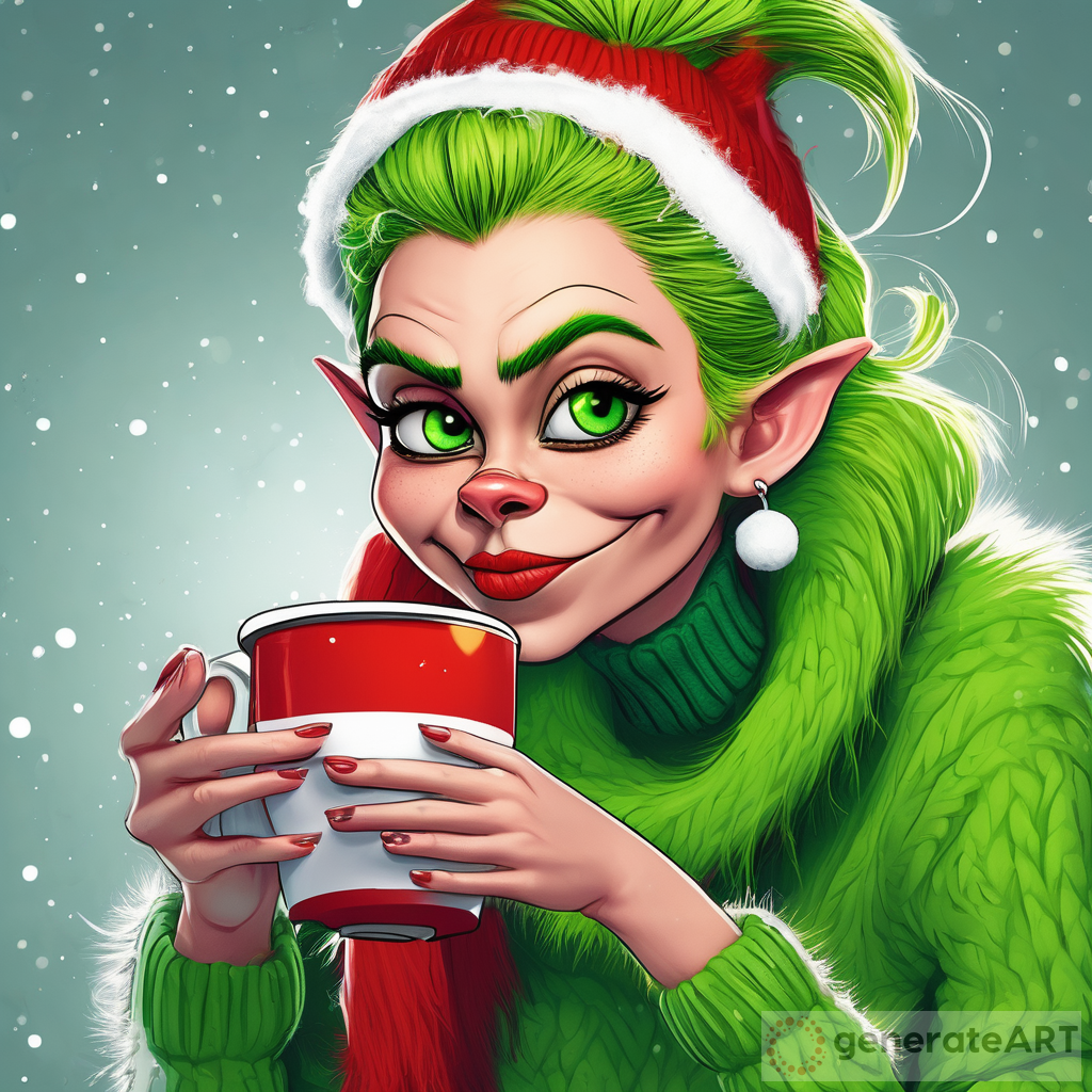 Festive Digital Illustration: Female Grinch with Green Eyes, Messy Bun, and Ugly Christmas Sweater, Holding a Cup of Coffee