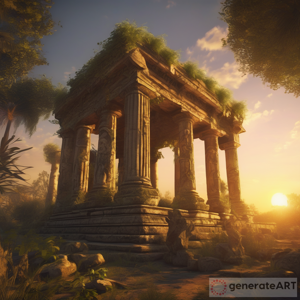 Ancient Temple Ruins at Sunset: Enchanted by Golden Light