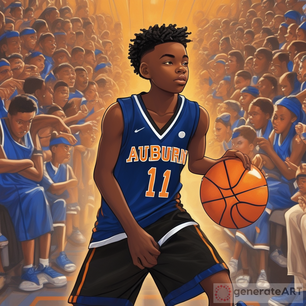 Skilled Teenage Black Boy with Auburn and Black Micro Locks Shooting Basketball