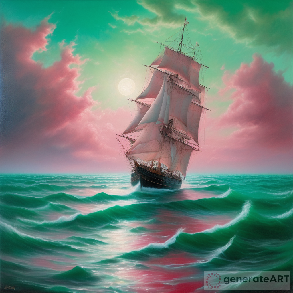 Captivating Hyperrealism: Turquoise Sky, Small White Sun, Dark Cumulus Clouds, Sailing Ship, Vibrant Mist & Red Hues