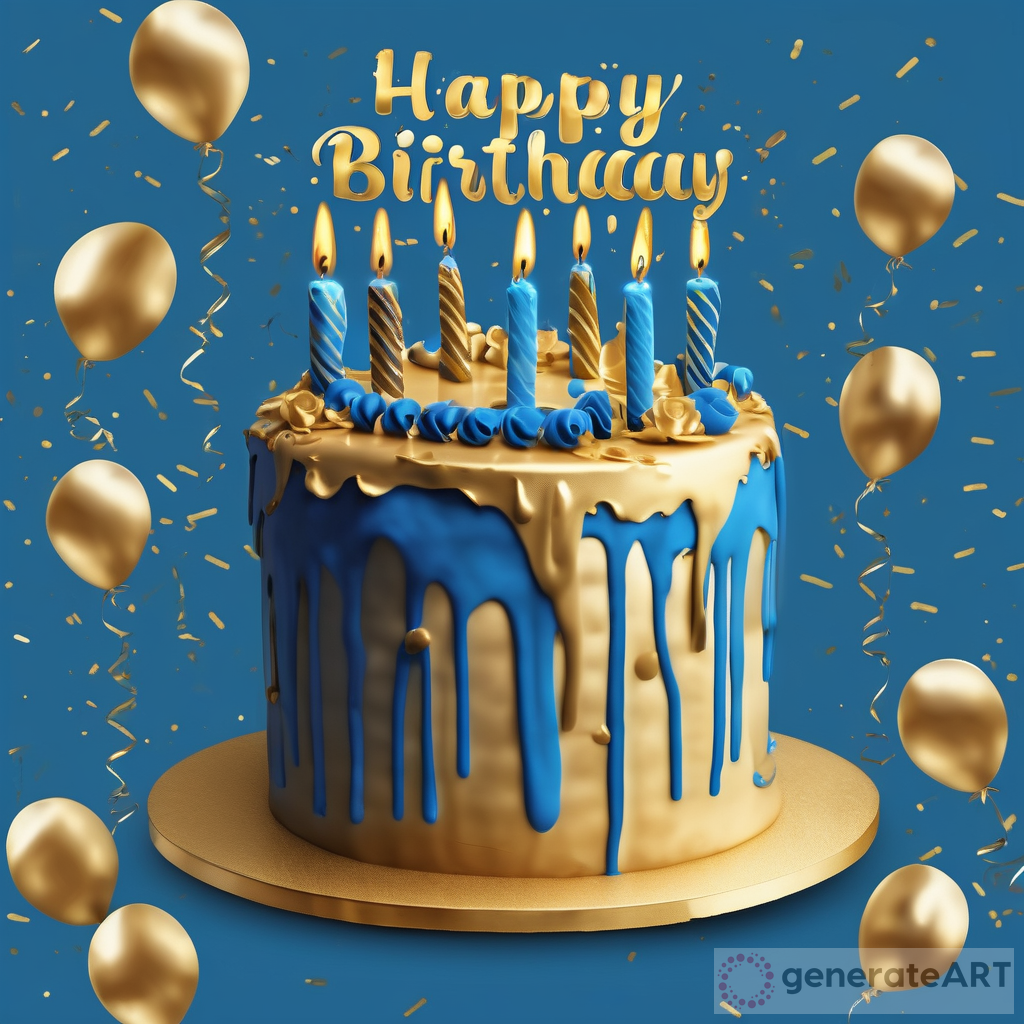 Sexy Blue and Gold Birthday Cake: Happy Birthday with Pretty Font