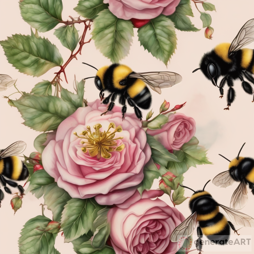 Hyper-Realistic Bumblebees on Roses: A Stunning Watercolor Creation