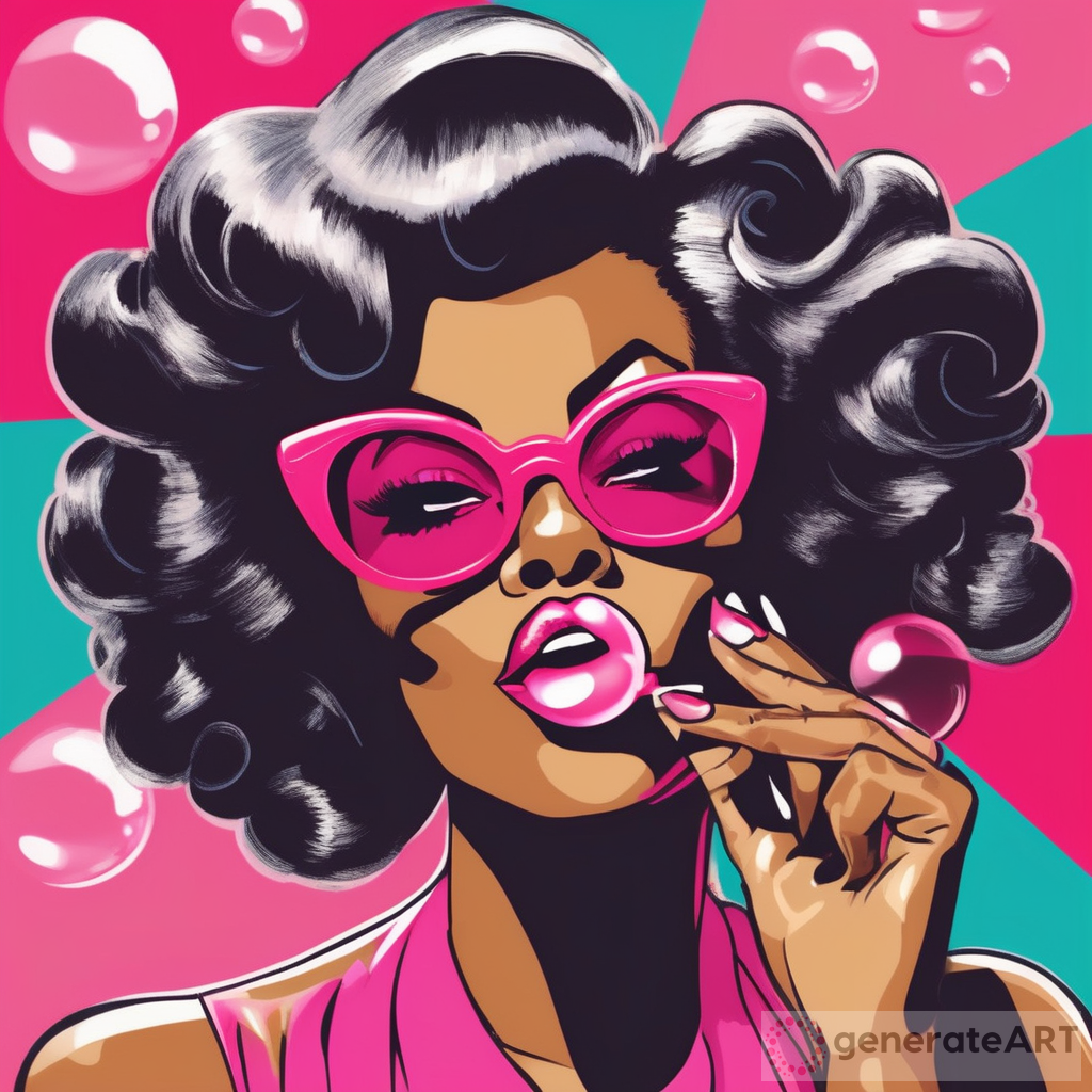 Dynamic Pop Art Illustration: African American Woman in 1950s Style Blowing Bubble Gum