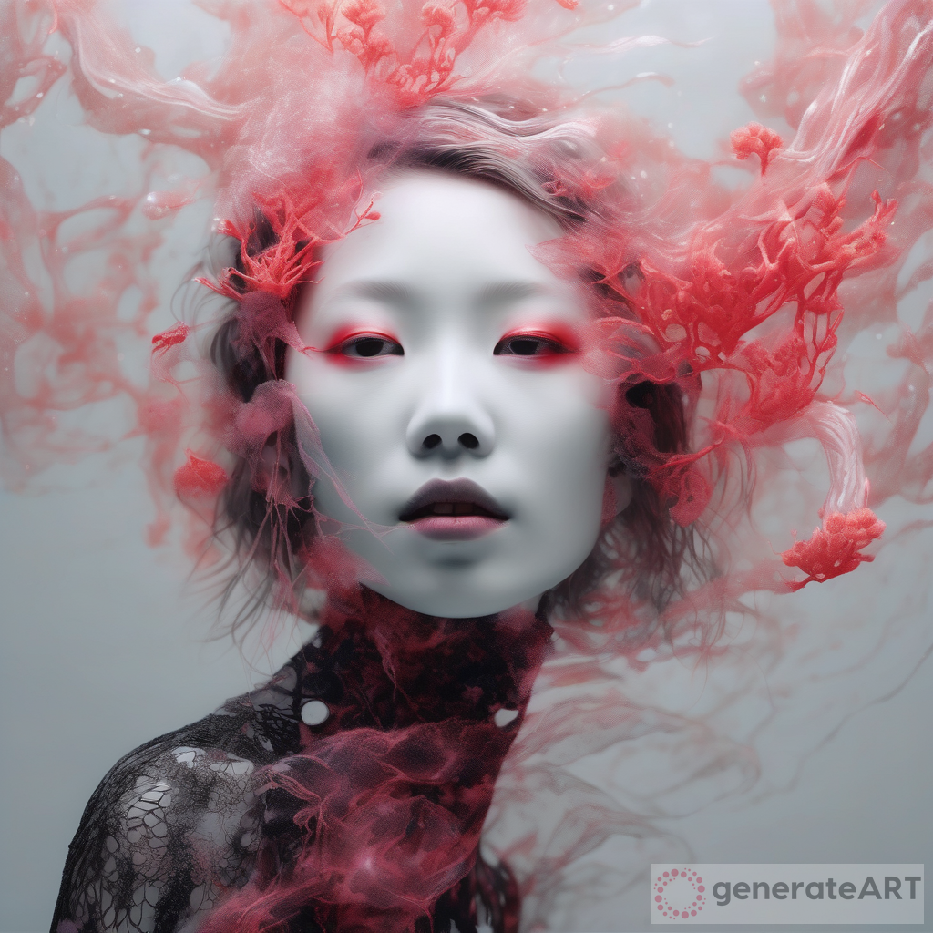 Masterpiece: Black, Dark Red, and Neon Pink Portrait of Ghostly Long Tailed Koi and Woman