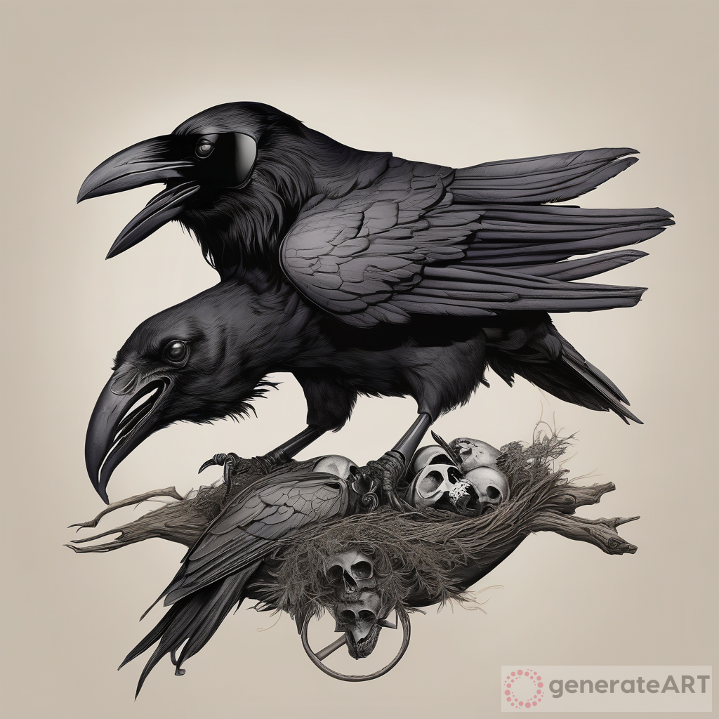 The Symbolism of a Raven with Two Bird Skulls: Exploring Death and Prophecy
