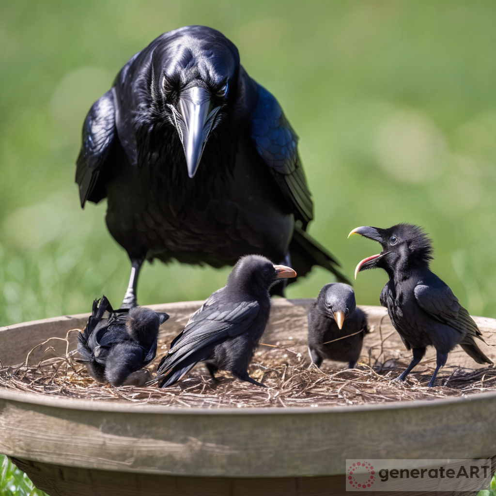 The Bond of Love: A Raven's Dedication to Feeding Two Baby Birds