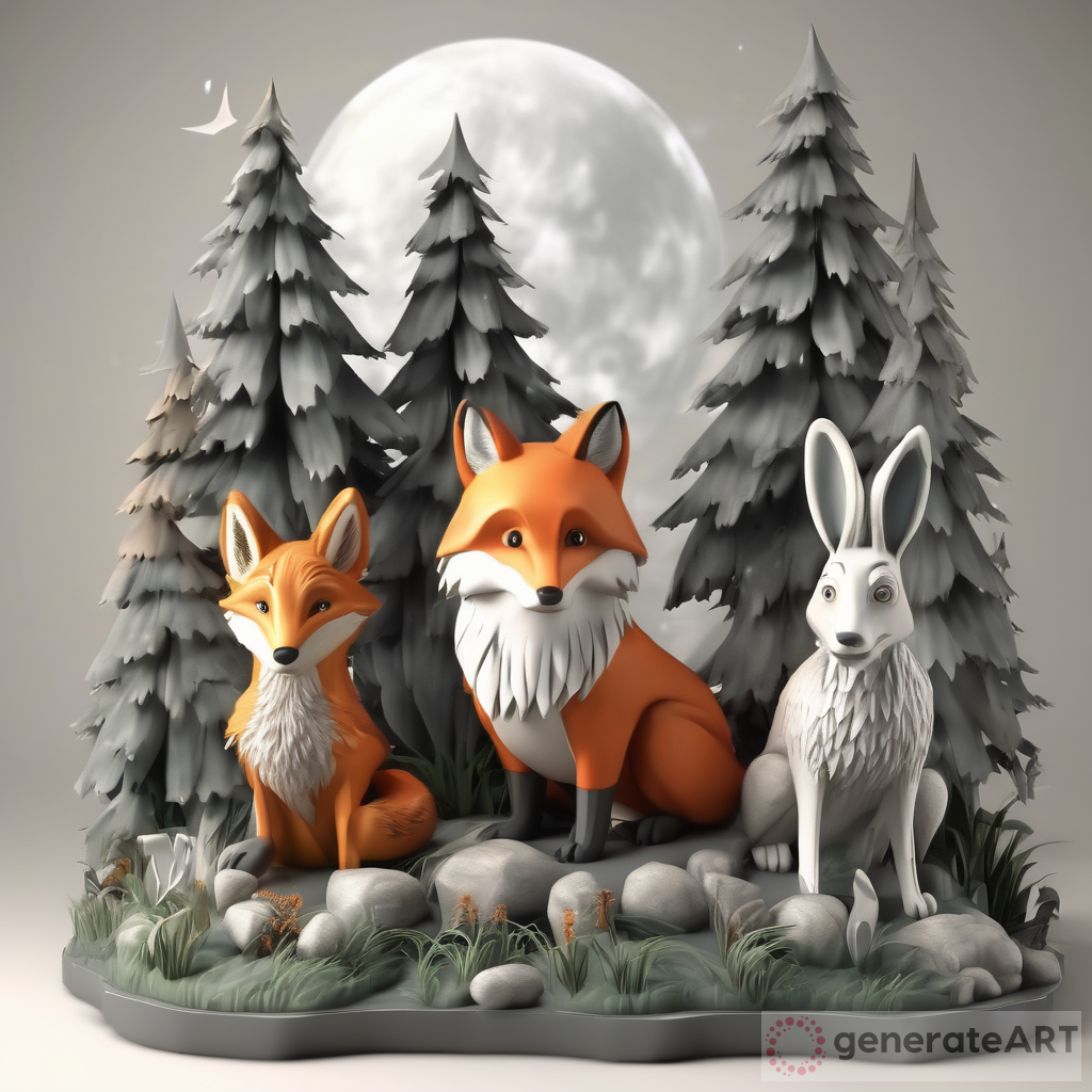 A Scenic Encounter: 3D Wolf, Fox, and Rabbit in the Forest