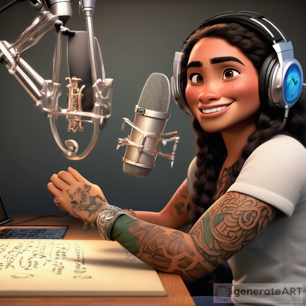 Moana: A Captivating 3D Image Rapping in a Vocal Recording Booth with Tattoos and Diamond Jewelry