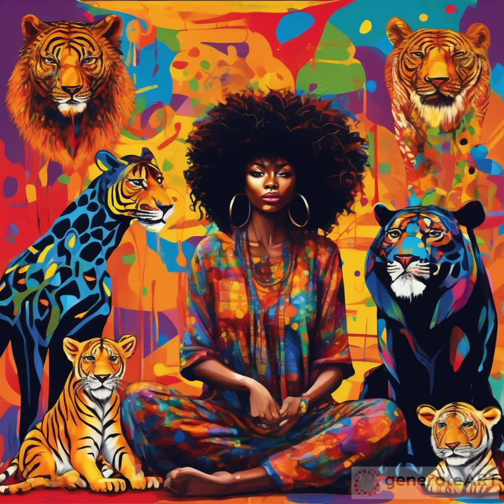 African American Black Woman with Full Black Afro Surrounded by Abstract Lions, Tigers, Bears, and Giraffes