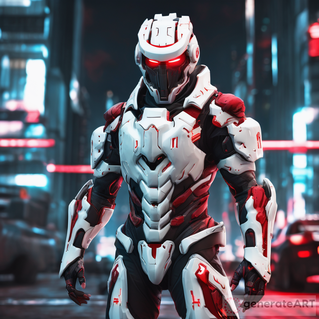 Enigma of the Cyberpunk: White Armor with Red Accents and 4K HD Plating
