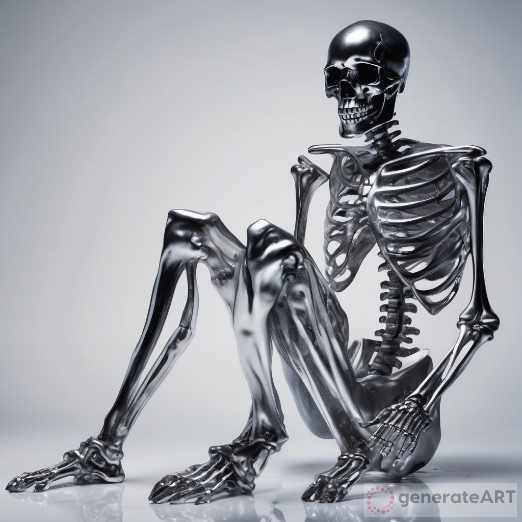Ethereal Transformation: Skeleton Cloaked in Silvery Liquid