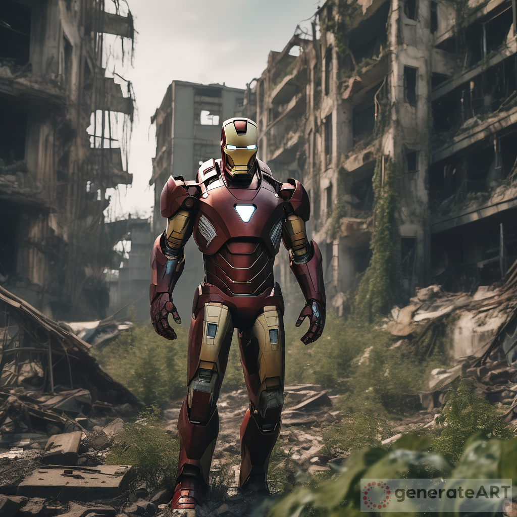 Iron Man: Post-Apocalyptic Survival - A Rugged, HDR Suit amidst Cyber Decayed Ruins