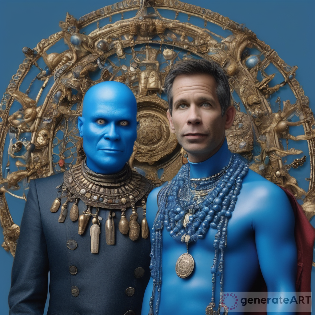 Discover the mesmerizing Sumatraism artwork in a unique photo-realistic meme style: Blue character and blue man with many necklaces, inspired by Zack Snyder and John Tenniel.