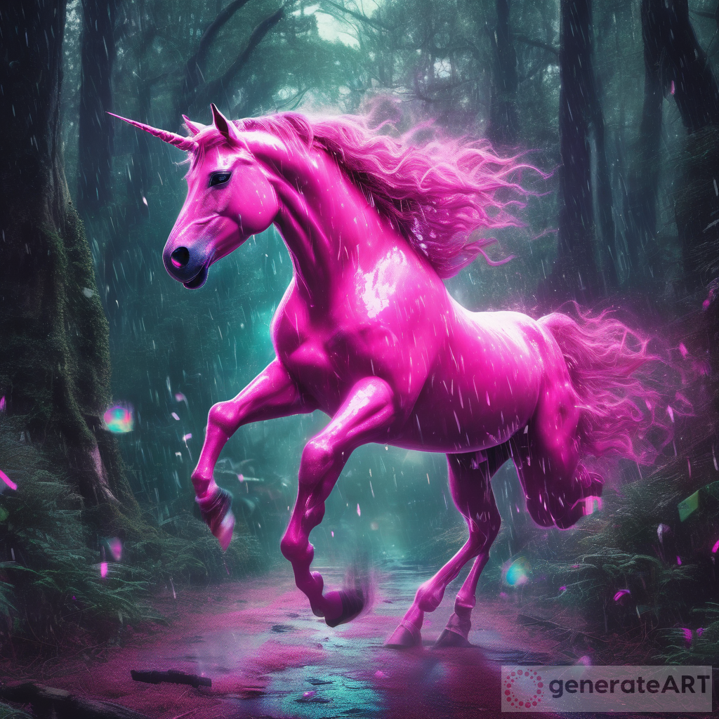 The Enchanting Sight of a Fluorescent Pink Unicorn in a Dark Forest