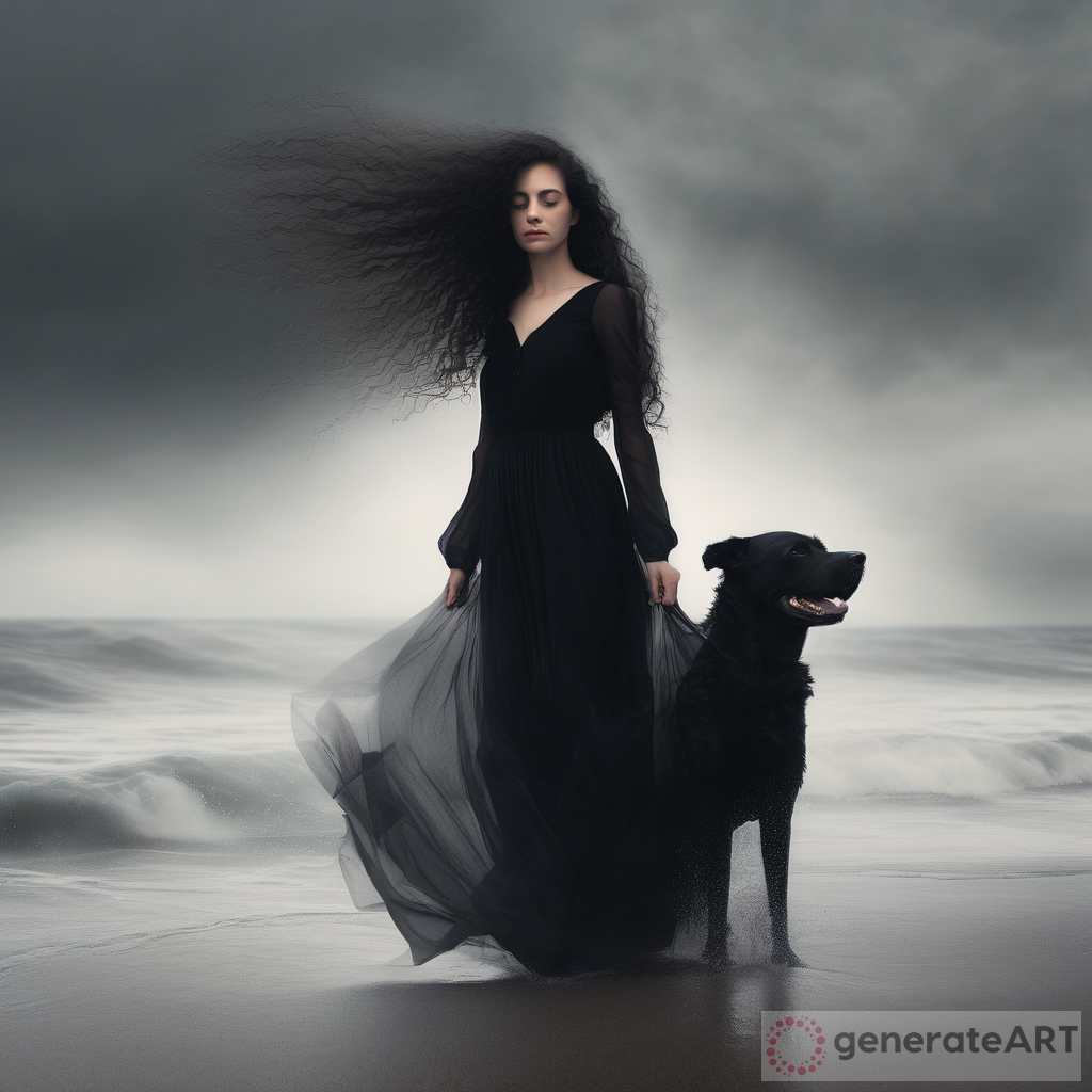 Sad Woman with Long Curly Hair: Standing on the Beach in a Dreamlike Universum