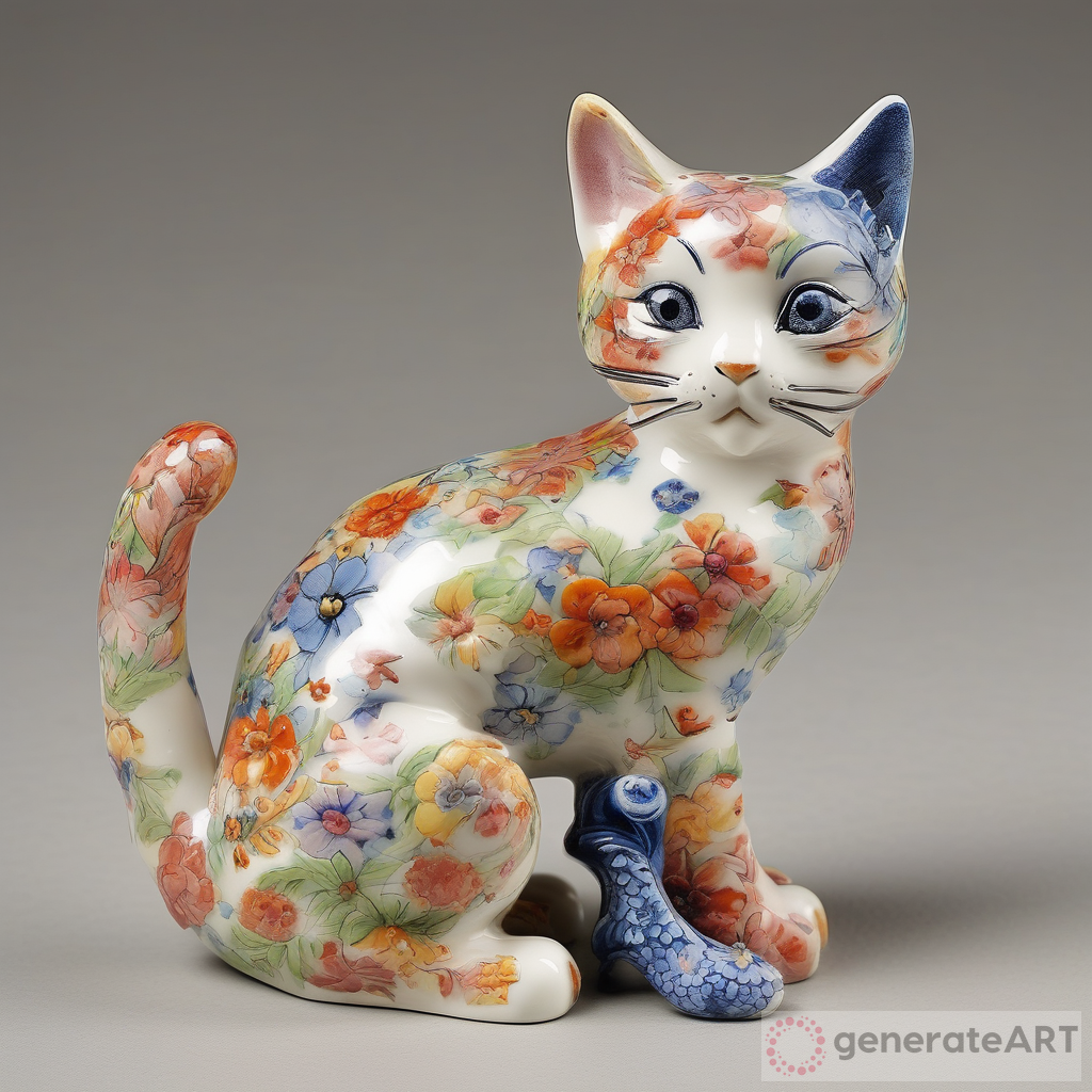 Captivating Porcelain Kitten Figurine with Engravings of Flowers, Birds, and Butterflies