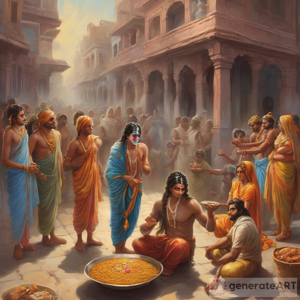 Lord Krishna Helping and Feeding Poor People: A Divine Act Witnessed by Lord Vishnu and Lord Shiva