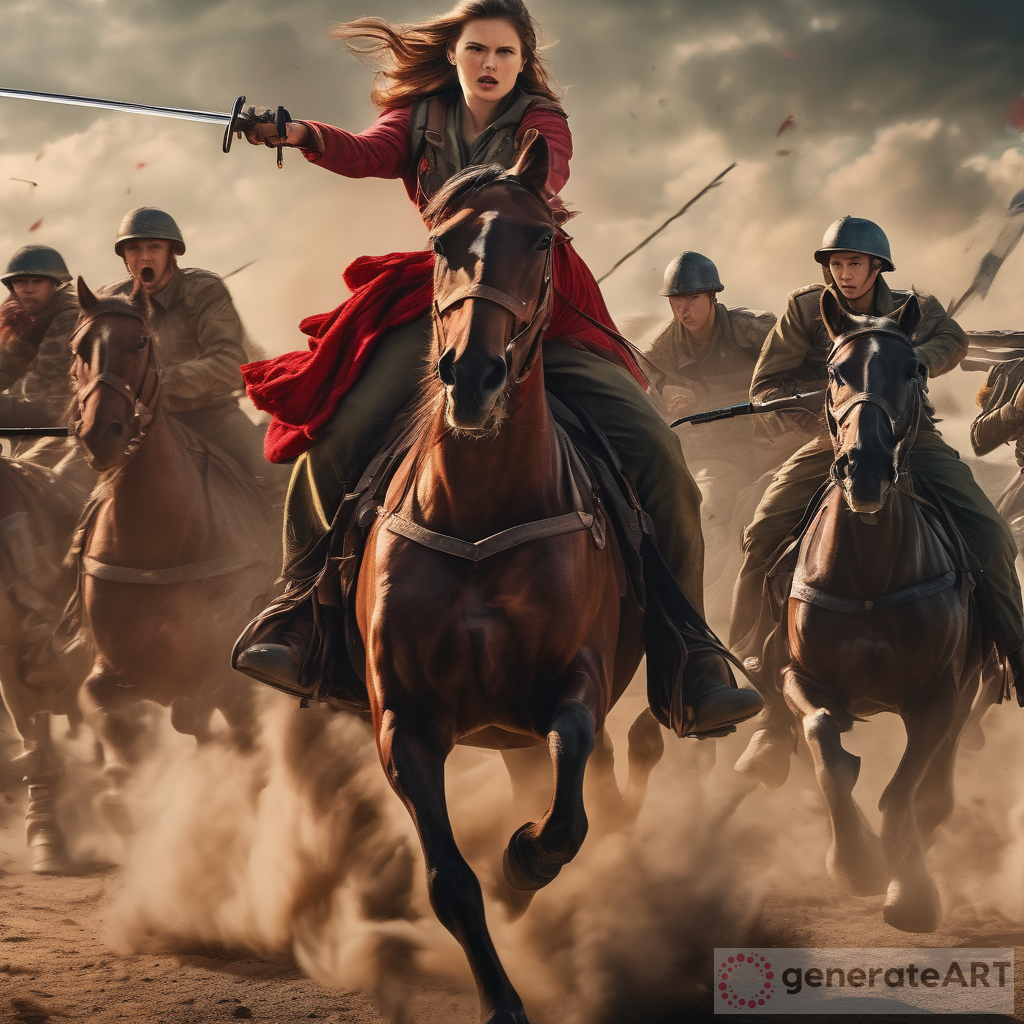 4K UHD High Quality Photoreal Red Dawn US Army Poster: Badass Redneck Farmer Girl with Sword Raised High on Horse Charging Chinese Tanks - Cavalry Charge Winged Hussar