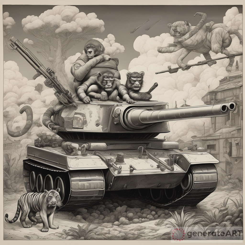 Unveiling the Surrealistic Dream Composition: Monkey, Tiger, Machine Gun, and Tank