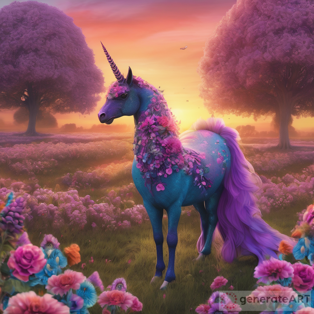 Captivating Sight: Peacock Unicorn Gracefully Adorning a Sunset-Filled Field of Flowers