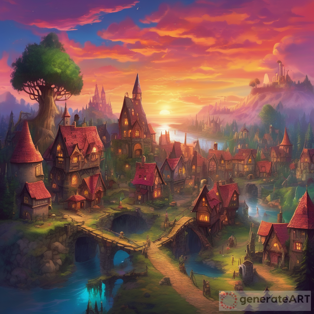 The Magical Reemergence: A Lost Town in the Enchanted Forest at Sunset