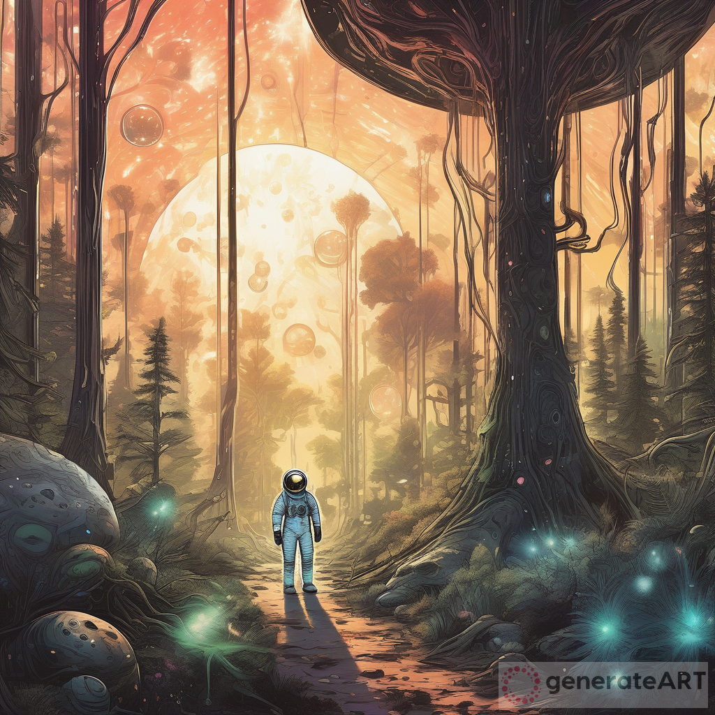 Astronaut's Mystical Journey in a Breathtaking Alien Forest