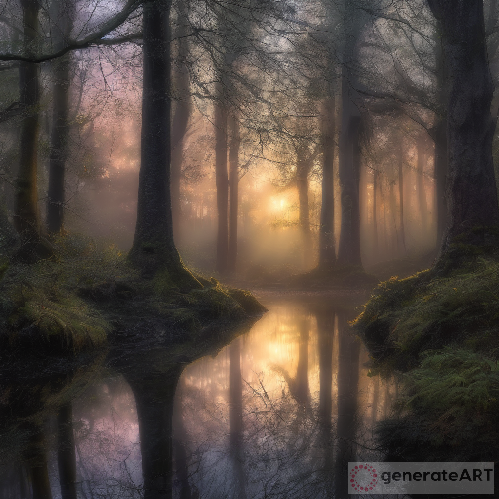 Dawn Reflections in Mystical Forest - Enchanting Echoes