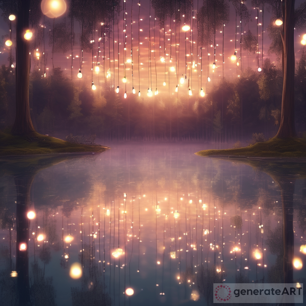 Whimsical Fairy-Stars: A Dreamlike Sunset over a Tranquil Forest Lake