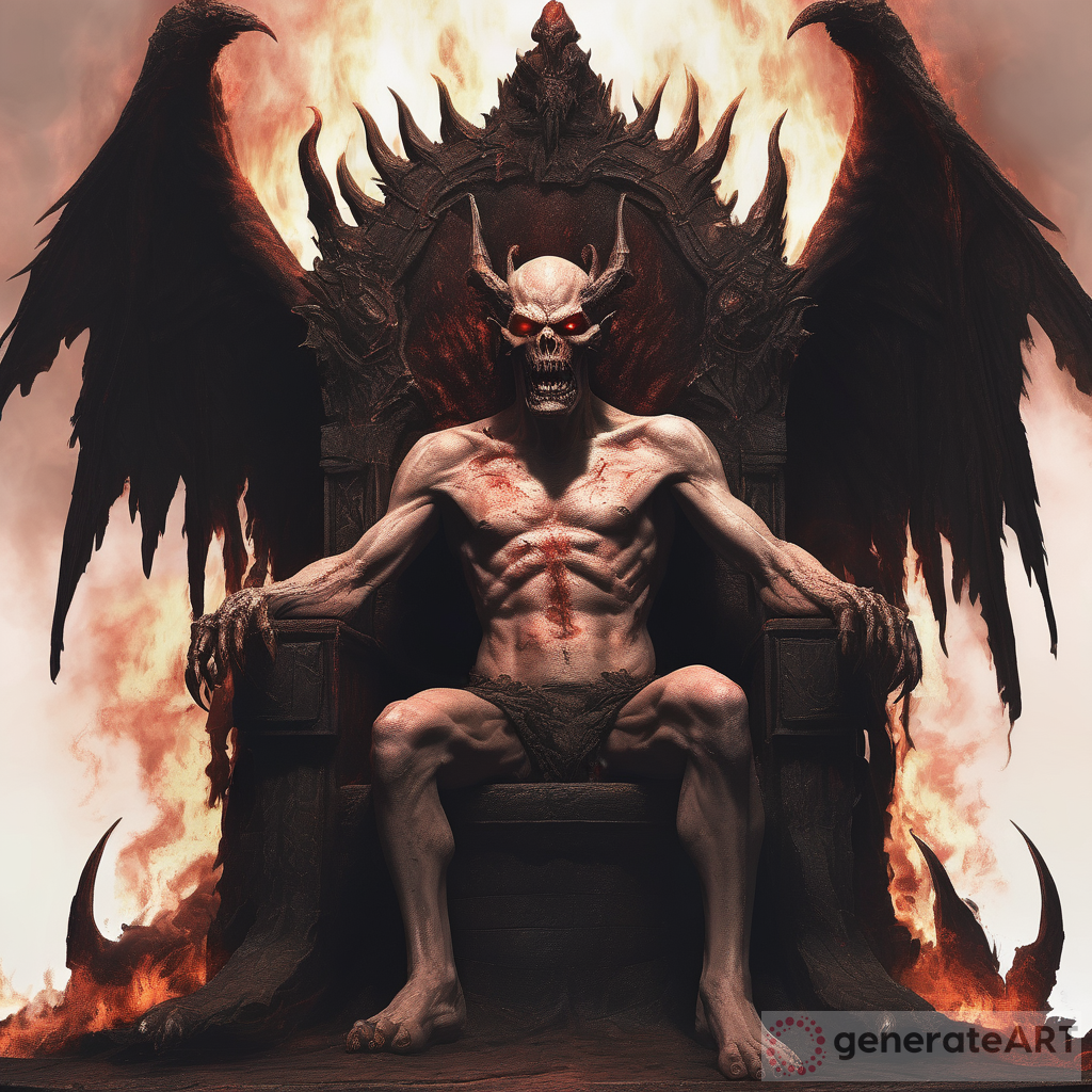 Realistic portrayal of the Pazuzu demon on his fiery throne in hell