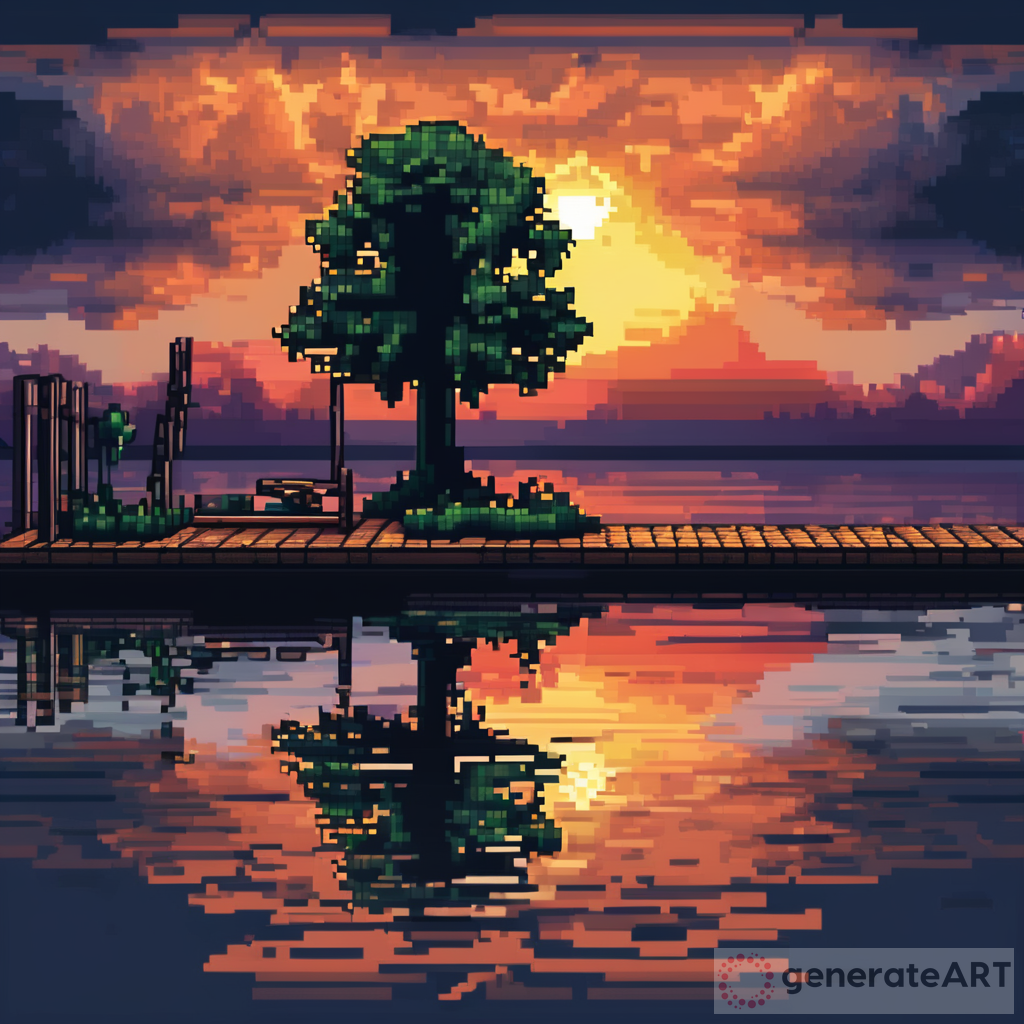 A Majestic Dock Pond Nautical Sunset: 8-Bit Pixel Art
