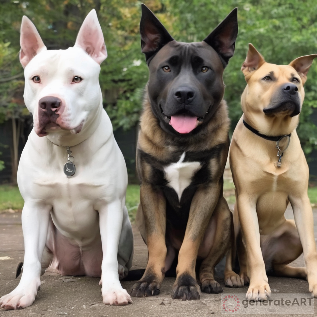A White American Bully & Pit Bull Mix with Black Markings and an 8 Month Old Brown & Blond German Shepherd
