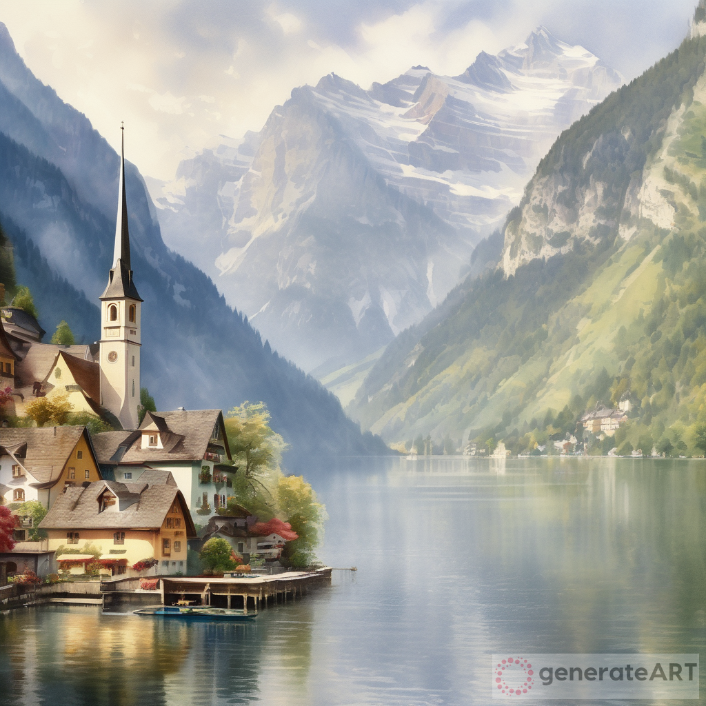 Watercolor Vintage Style: The Elegance and Vibrancy of Hallstatt Lake