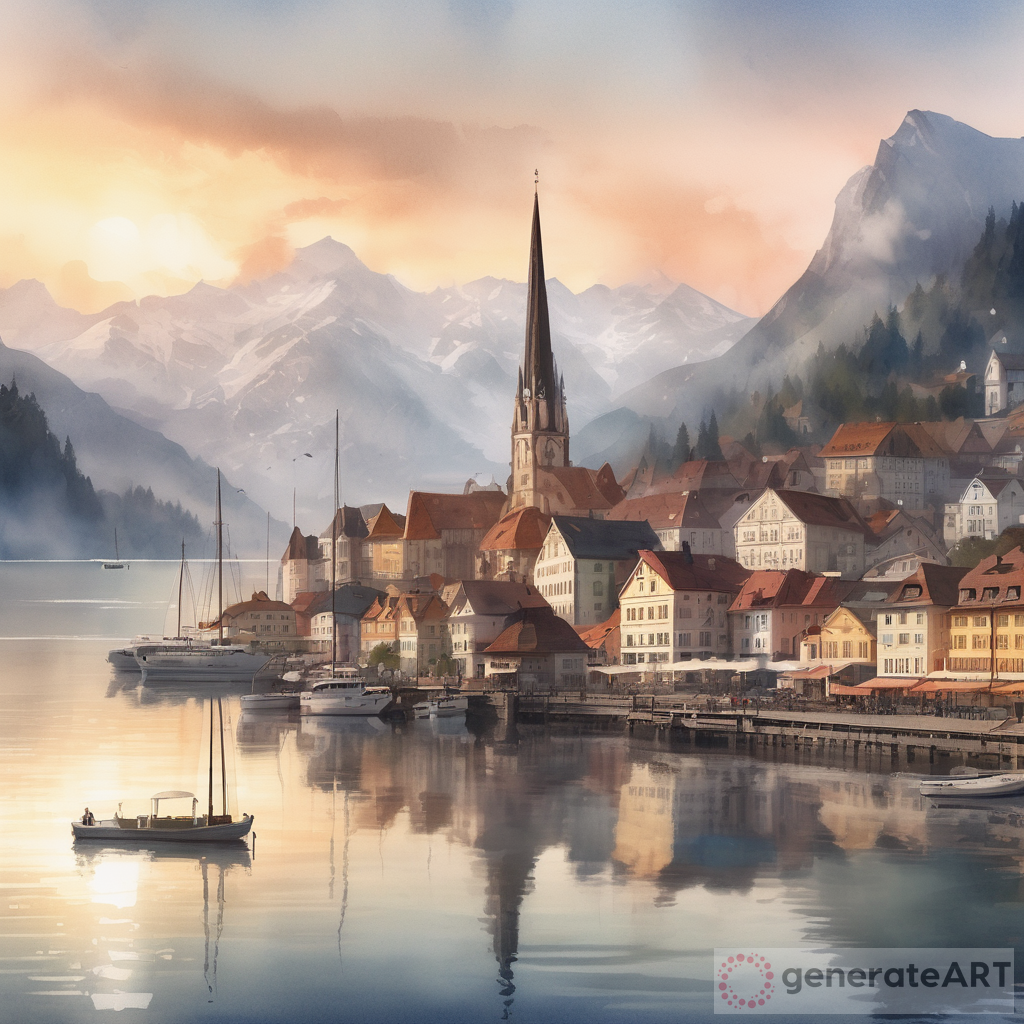 Austrian Town: A Captivating Blend of Pier, Boats, and Foggy Mountains
