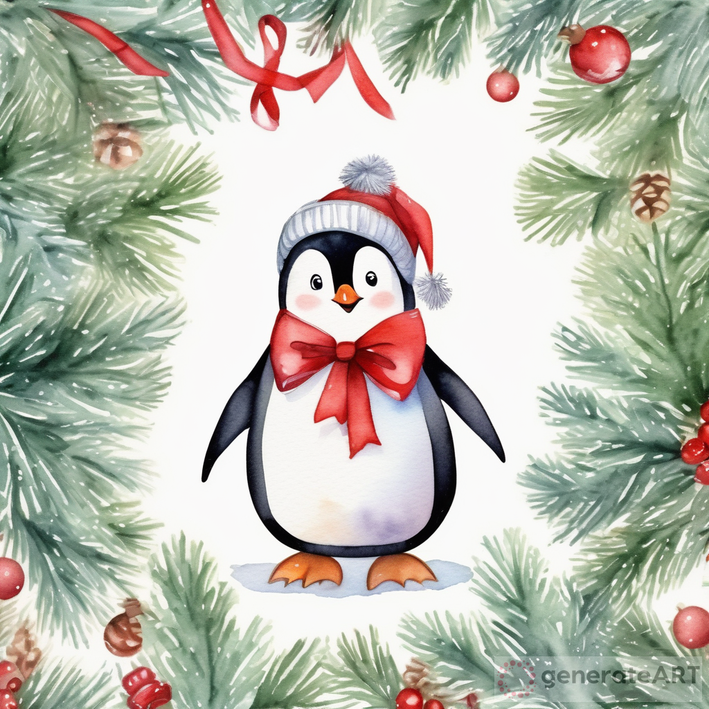 Watercolor Christmas Penguin Illustration with Red Bow - Sandi Mower Style