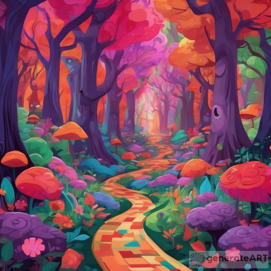 A Vibrant Journey in Wonderland: Exploring a Colorful Forest with Extraordinary Trees and Playful Faces