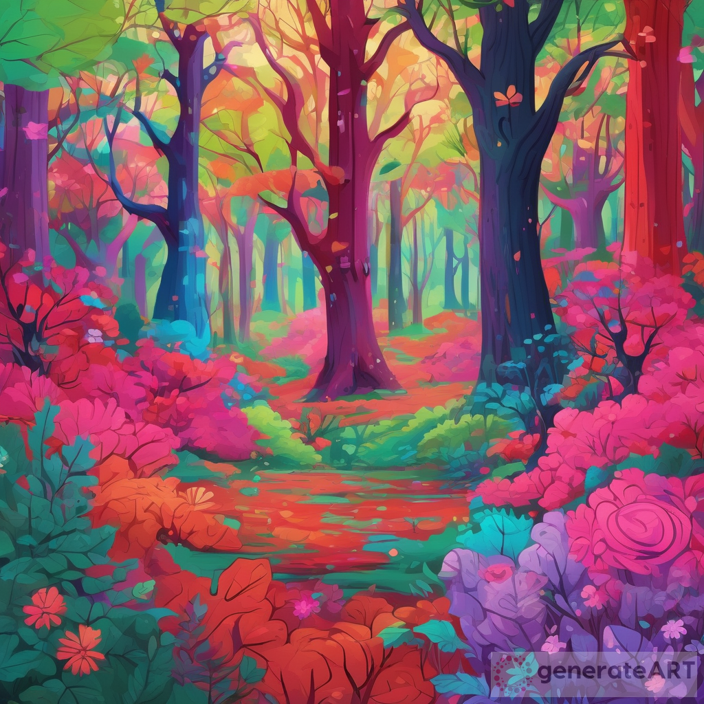 Colorful Forest with Trees of Different Colored Leaves: Red, Pink, Green, Blue, Orange